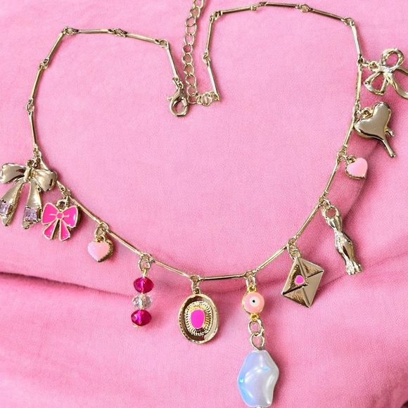 Pink bows and love charms charm necklace. Gold toned delicate chain 15.5”-17.5” - Picture 15 of 16